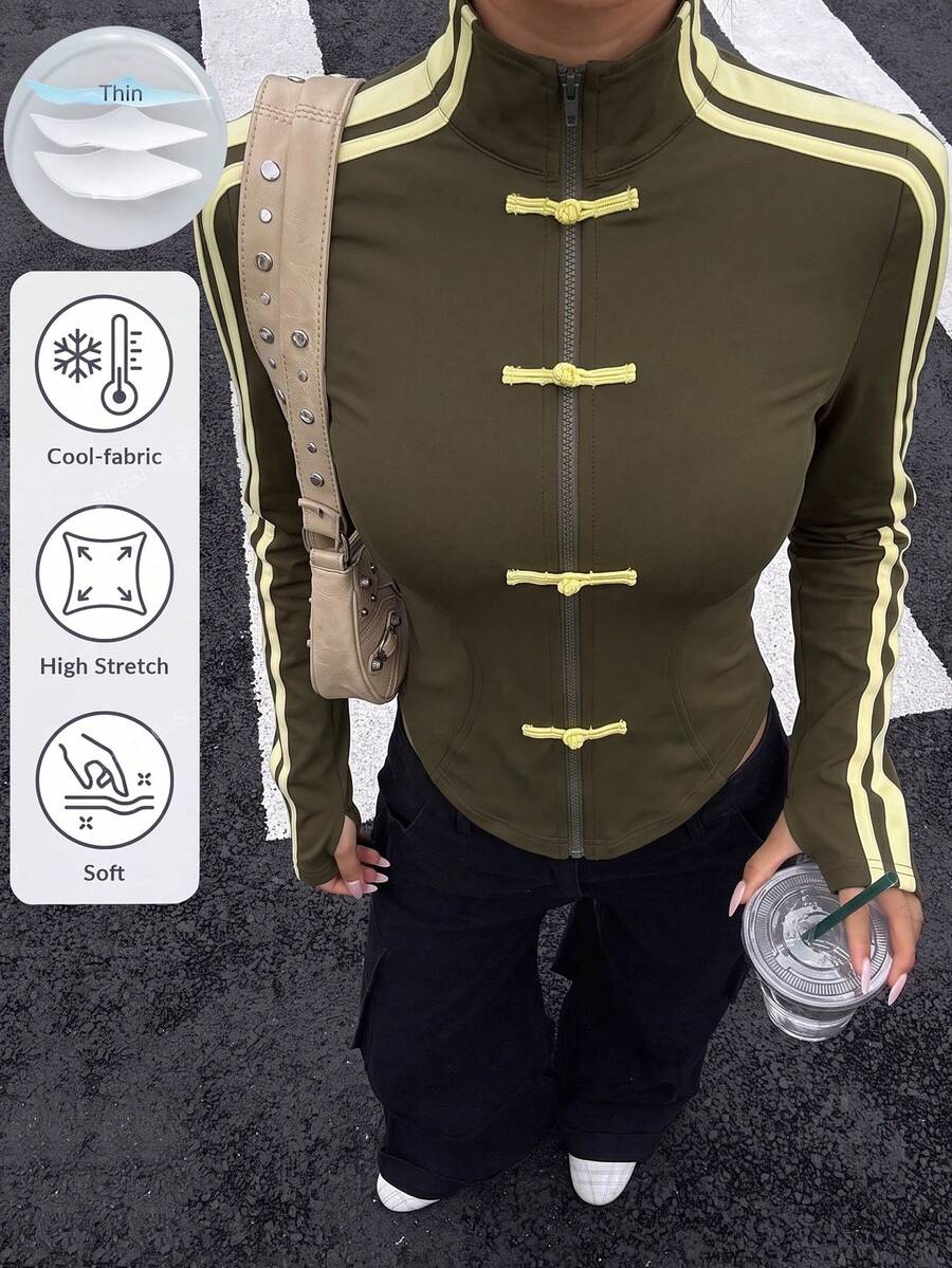 Muchica Yellow Autumn New Women's Knit Sporty Style 90s Ribbon Button Design Sun Protection Thin Jacket Everyday Night Theme - Army Green - View 1