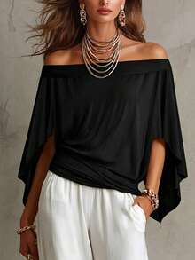 SHEIN LUNE French Style Flowy Cape Sleeve Off-Shoulder T-Shirt - Black - View 1