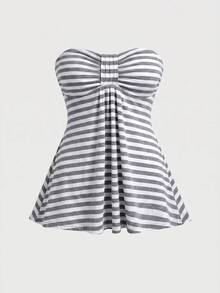 ROMWE Goth Y2K Retro Striped Fitted Tube Top, Plus Size, Festival Outfit - Multicolor - View 1
