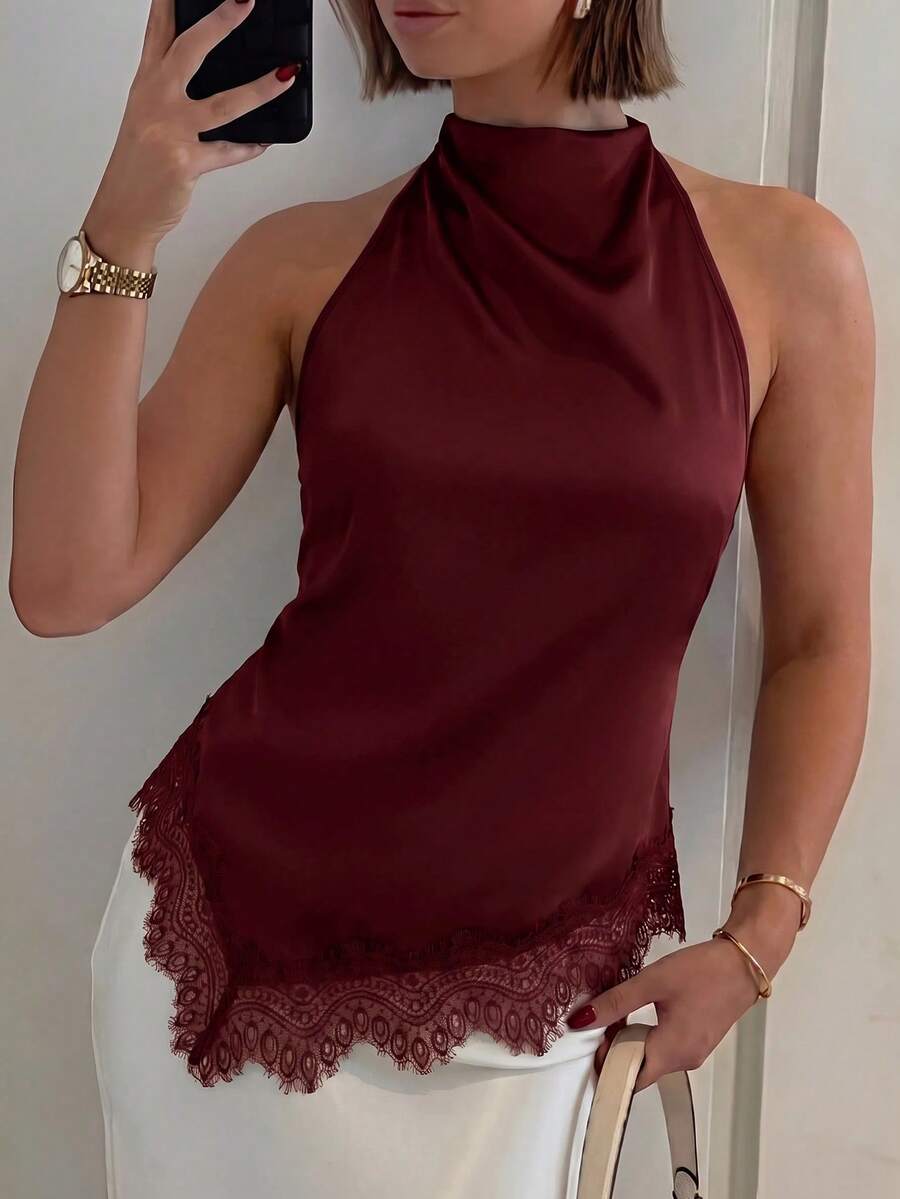 Firerie 女款性感露背荷葉領蕾絲拼接上衣,優雅適合派對、通勤與度假,優雅蕾絲飾邊露背上衣,性感緞面拼接無袖上衣,適用於派對、雞尾酒會、正式場合、商務休閒及其他場合,日常通勤女款上衣 - 酒紅色 - 查看 1