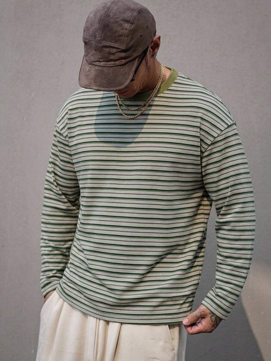 DAZY 男士條紋拼色休閒百搭日常長袖T恤 - 綠色 - 查看 1
