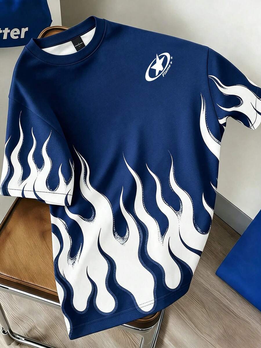 Manfinity Hypemode Men's Summer Casual Flame Print T-Shirt - Navy Blue - View 1
