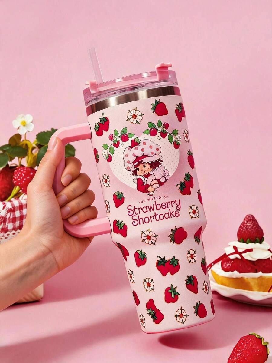 Strawberry Shortcake X POKOJA LAND 40oz Stainless Steel Tumbler Water Bottle/Coffee Cup With Handle And Straw, Leakproof, Insulated (Keeps Drinks Hot Or Cold) - Pink - View 1