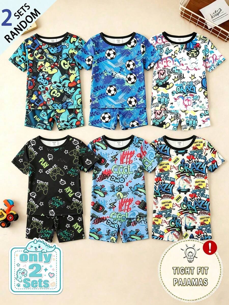 SHEIN 6件/套随机发货,2件套贴身睡衣套装,幼儿男童酷炫喷漆足球、游戏机、怪兽图案夏季短袖短裤睡衣 - 彩色 - 查看 1