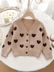 SHEIN Baby Girl Knit Heart Pattern V-Neck Casual Cardigan - Multicolor - View 7