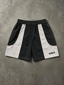 SUMWON 拼色短褲，對比縫線，彈性抽繩腰頭，側邊口袋，夏季音樂節街頭風 - 黑色 - 查看 1