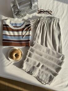 Comfortcana Spring/Summer Vacation Style Beige Apricot Linen Casual Plus Size Women's Striped Pants Fall - Beige - View 5