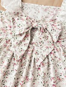 Pitira Tween Girls Ditsy Floral Spaghetti Strap Mid-Length Dress, Fitted Ruffle Sleeve Backless Bow Collar Textured Dress, Suitable For Spring And Summer - Multicolor - View 4