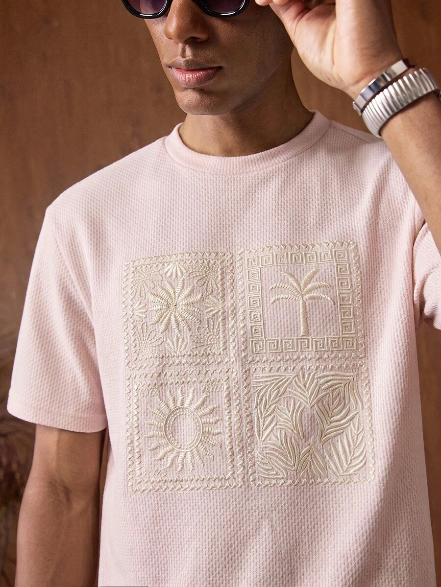 HIMLAND Men's Vacation Short Sleeve Palm Tree Hollow Embroidery T-Shirt - Apricot - View 1