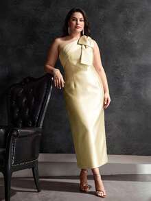 MOTF PREMIUM PLUS SIZE WOMEN'S SPRING/SUMMER BOW ONE-SHOULDER PARTY DRESS - Yellow - View 6