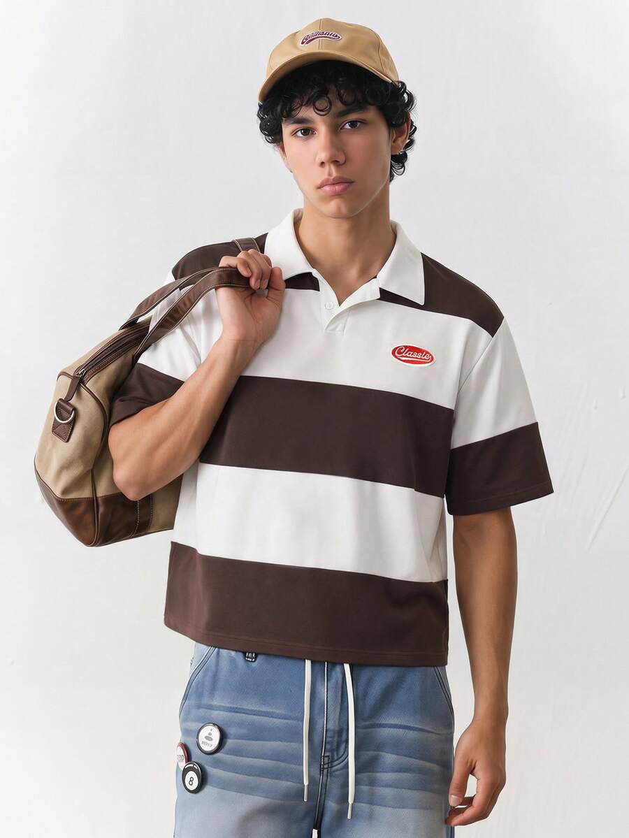 NORVETH Men's Summer Casual Loose Fit POLO Shirt Standard Size White & Coffee Color Block Contrast Embroidery - Coffee Brown - View 1