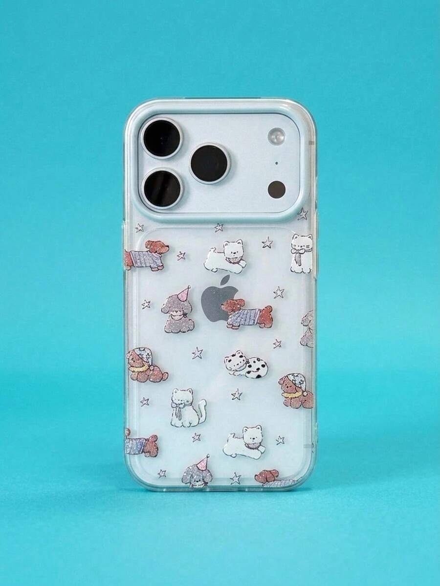 ShellaStory Engraved Sparkle Powder Dog Apple 17 Pro Phone Case Phone 16 Transparent Sparkle Powder 13/15 Shockproof 14 Applicable 17 Cute, Creative, Geometric, Card Style, Cute, Fresh, Niche, Ins Style - Clear - View 1