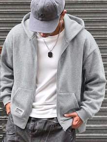 SHEIN 青少年男孩寬鬆灰色運動衫秋季夾克，休閒學院風，柔軟面料，返校季，畢業季，白色，冬季，舒適時尚 - 灰色 - 查看 6