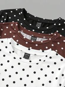 SHEIN EZwear 女款 3 件組波點圓領休閒修身長袖 T 恤套裝，秋季上衣，適合日常通勤、約會、派對，秋/冬/夏，聖誕節、新年、感恩節、外出、約會、約會、通勤、閃亮、情人節、優雅、度假、休閒、Y2K、外出、畢業典禮及其他場合 - 彩色 - 查看 5