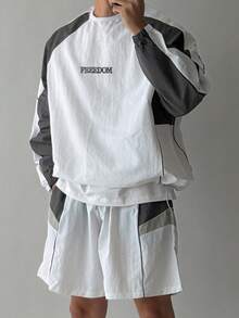 DAZY Summer Patchwork Contrast Color Long Sleeve T-Shirt & Shorts Men's T-Shirt Set - Multicolor - View 3