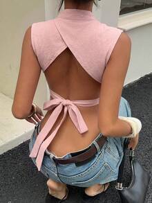 Aloruh 女款春夏純色立領鏤空胸口綁帶露背收腰綁帶白色無袖襯衫，適合通勤、辦公、日常、街頭、休閒 - 藕粉色 - 查看 3