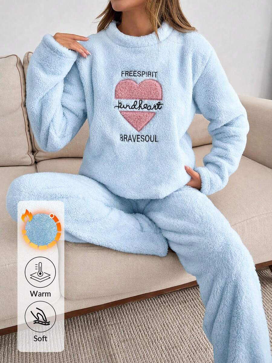 SHEIN Kind Heart Applique Plush Lounge Set - Blue - View 1