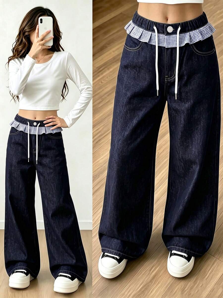 SHEIN Tween Girls' Summer Cotton Washed Versatile Fashion Casual Comfortable Loose Fit Elastic Waist Plaid Ruffle Hem Blue Washed Denim Long Pants - Blue - View 1