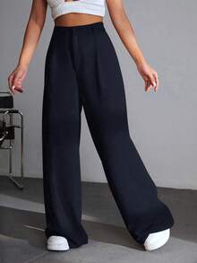 SHEIN EZwear 休閒百搭 100% 純棉海軍藍高腰寬腿褲，適合校園穿搭、全方位休閒穿著、派對與音樂節穿著、畢業季、開學季、度假季、都市辦公穿著 - 藍色 - 查看 4