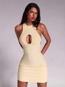 Nuvra Women's Pale Yellow High Neck Cutout Bandage Sexy Elegant Dress Date Night Night Out Summer - Yellow - View 7