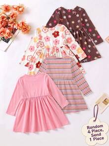Vestido de cuello redondo de manga larga para niñas bebé, patrón a rayas con elemento floral, adecuado para primavera otoño invierno, uso diario y salidas de fin de semana - Multicolor - Ver 2
