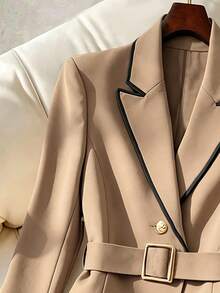 SHEIN LUNE CURVE Setelan Blazer dan Celana Panjang Wanita Ukuran Besar untuk Musim Panas, Cocok untuk Acara Kasual Elegan, Perjalanan Kantor, Kerja Bisnis, Jalan-jalan Sehari-hari, Pesta, Warna Hitam - Khaki - View 4