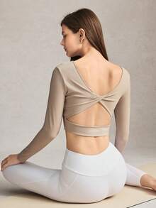 Activina Women's Solid Color Back Cutout Twist Design Long Sleeve Cropped Sports T-Shirt - Beige - View 1