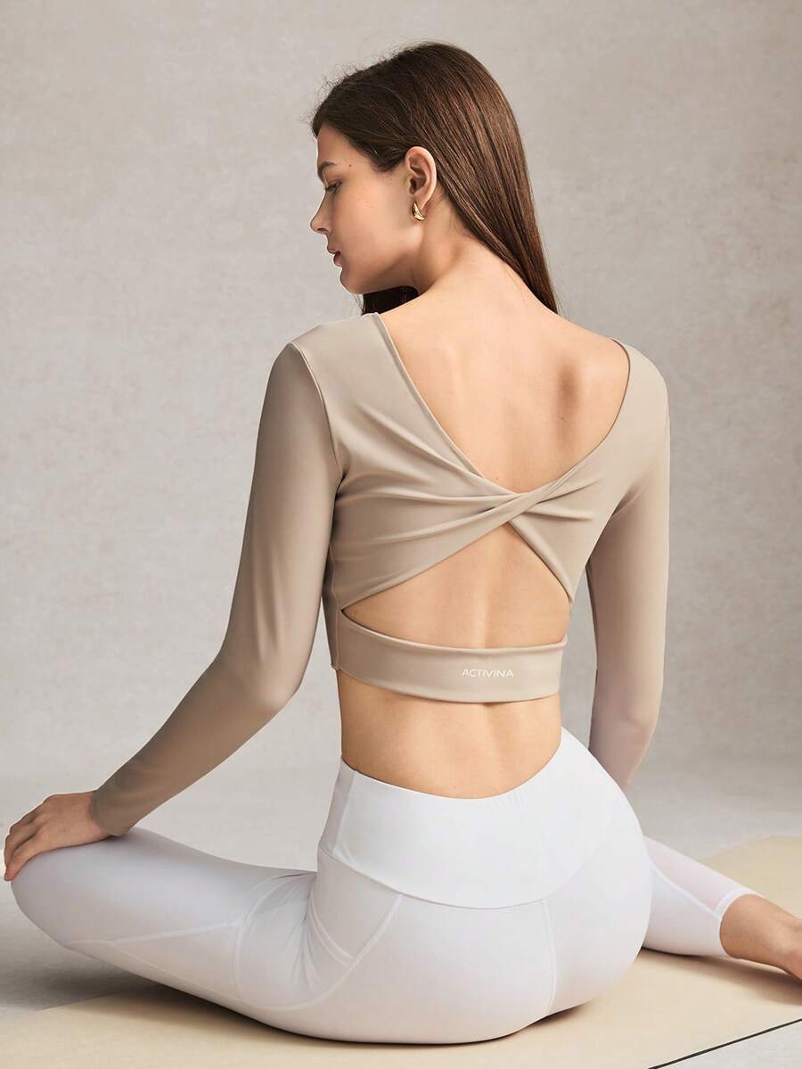 Activina Women's Solid Color Back Cutout Twist Design Long Sleeve Cropped Sports T-Shirt - Beige - View 1