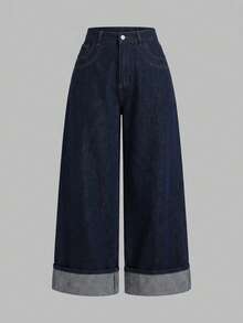 SHEIN MOD Plus Size Women's Loose Wide Leg Casual Denim Jeans With Pockets - Dark Wash - View 2