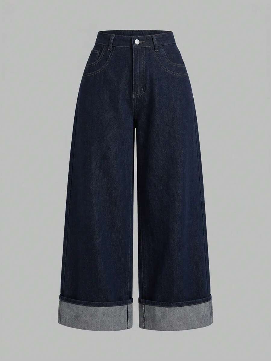 SHEIN MOD Plus Size Women's Loose Wide Leg Casual Denim Jeans With Pockets