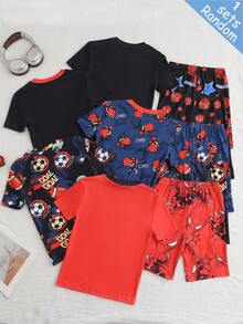 [5 Sets Randomly Sent 1 Set]2pcs/Set Boys' Game Console Personalized Football Funny Number Pattern Round Neck Knitted Short Sleeve Shorts Tight Fit Loungewear Set, Spring/Summer Round Neck Short Sleeve Shorts Skin-Friendly Soft Fabric, Suitable For Home And Outings - Multicolor - View 2