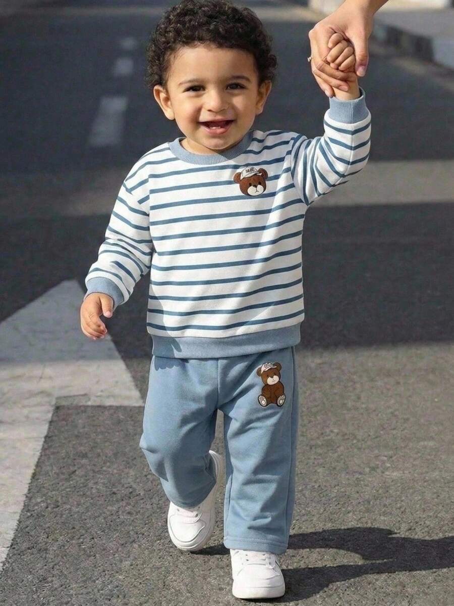 SHEIN Setelan 2 Potong untuk Bayi Laki-laki, Cocok untuk Musim Gugur/Musim Dingin, Terbuat dari Kaos Lengan Panjang Bergaris Kerah Bulat dan Celana Panjang, Kasual, Cocok untuk Liburan Olahraga Musim Semi/Musim Gugur/Musim Dingin.