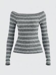 SHEIN BASICS 女款條紋露肩長袖休閒T恤 - 黑與白 - 查看 3