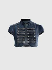 ROMWE Avant Vintage Punk Navy Button Design Cropped Plus Size Denim Vest Top For Music Festival - Blue - View 1