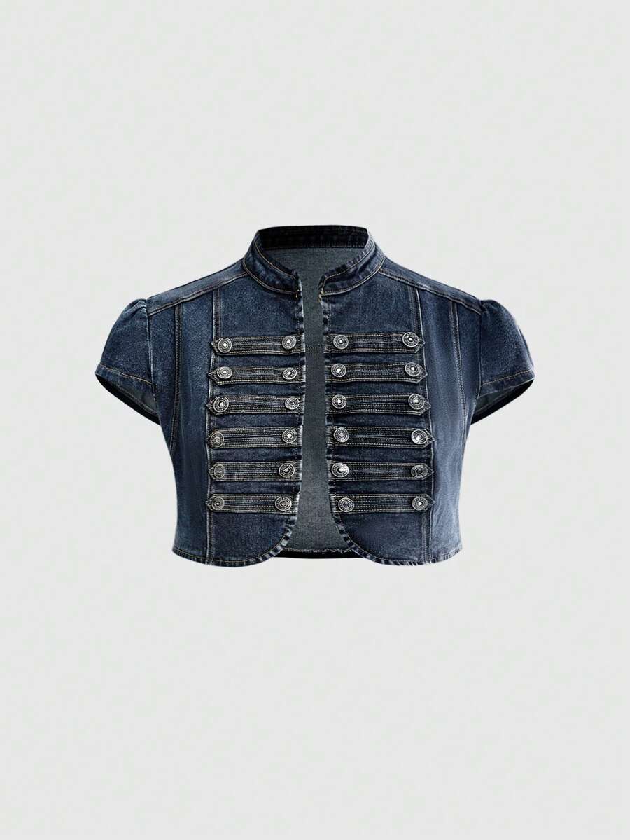 ROMWE Avant Vintage Punk Navy Button Design Cropped Plus Size Denim Vest Top For Music Festival - Blue - View 1
