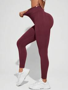 Easithlete Easithlete 女款純色高腰提臀修身無縫運動緊身褲，適用健身房、單車、皮拉提斯 - 酒紅色 - 查看 4