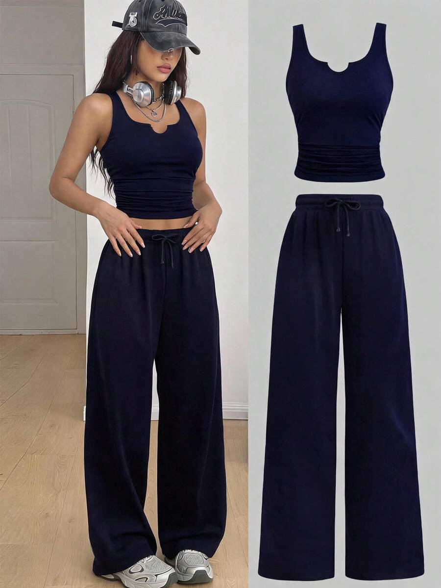 SHEIN 青少年女孩純色上衣與抽繩腰長褲休閒日常穿搭套裝 - 藏蓝色 - 查看 1