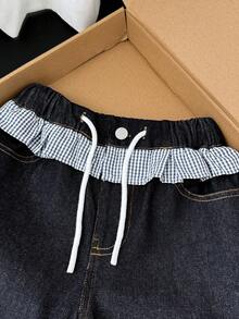 SHEIN Tween Girls' Summer Cotton Washed Versatile Fashion Casual Comfortable Loose Fit Elastic Waist Plaid Ruffle Hem Blue Washed Denim Long Pants - Blue - View 5