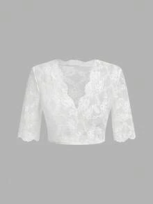 SHEIN Frenchy Women's Elegant Solid Color Sheer Lace Cropped Top,Dirndl,Oktoberfest Dirndl Top - White - View 7