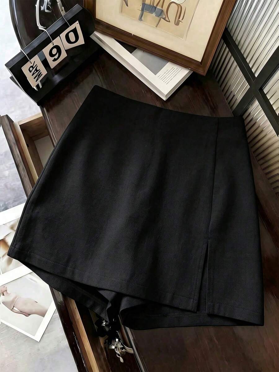 SHEIN Franclia Summer New Linen Casual Versatile Culottes - Black - View 1