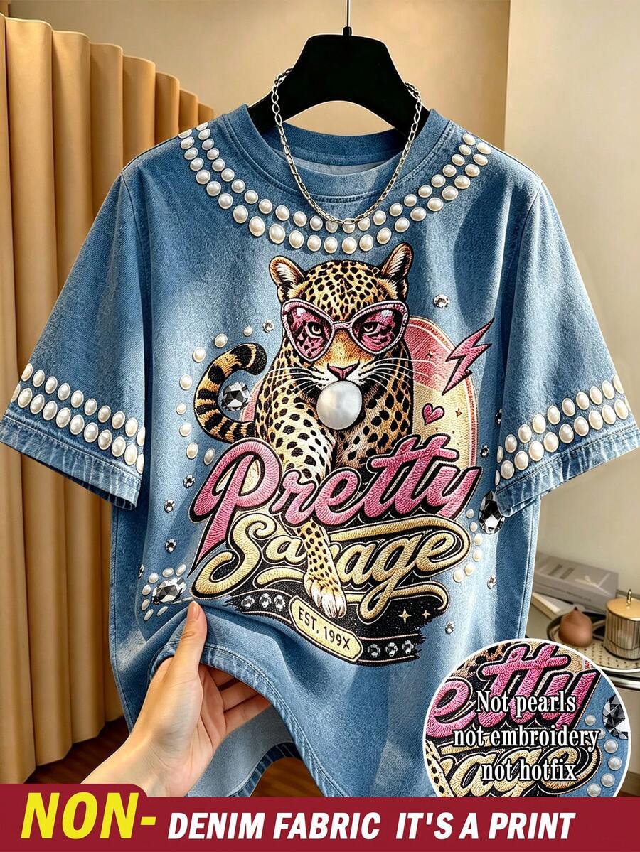 Resyla 女款牛仔布動物印花數位圖案大尺碼圓領短袖T恤,送給朋友的禮物 - 彩色 - 查看 1