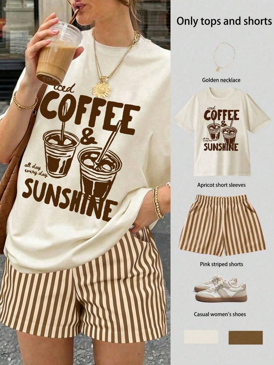 SHEIN LUNE 夏季咖啡字母印花T恤與條紋短褲女款兩件套