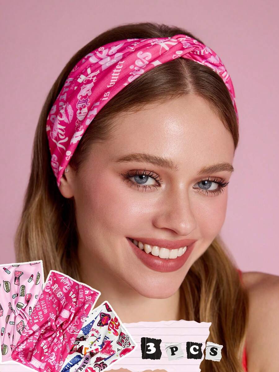 Mean Girls | SHEIN 3件組對比色塗鴉印花扭繩髮箍，個性休閒布料髮帶 - 彩色 - 查看 1