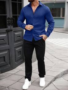 Manfinity Homme 男士純色單排扣休閒長袖襯衫 - 藍色 - 查看 5