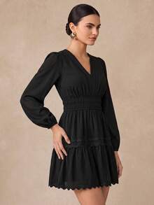 Almamuse-D Black Textured V-Neck Ruffle Trim Casual Dress For Women, Spring/Autumn Fall Cloth For Women - Black - View 1