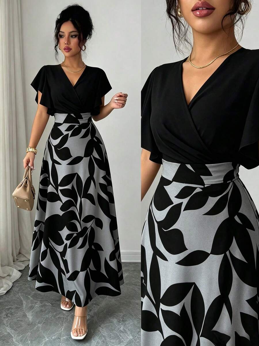 Elenzga Vestido ajustado y acampanado con mangas de campana y patrón de hojas de color rojo burdeos elegante para mujer, primavera/verano - Multicolor - Ver 1