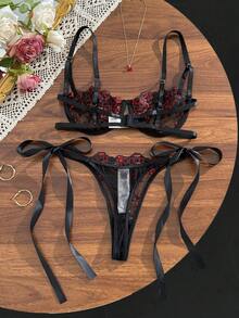 SHEIN 女款天藍色刺繡細肩帶內衣套裝 2件組 - 黑色 - 查看 2