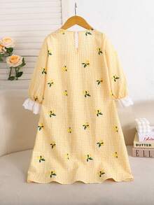 SHEIN 少女款寬鬆休閒刺繡蕾絲飾邊拼接淡黃色格紋檸檬印花紋理梭織長袖蝴蝶結家居睡袍杏色秋冬套裝 - 黃色 - 查看 3