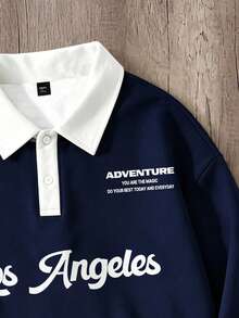 Manfinity Joysei Sudadera de cuello con botones y estampado de letras en colores contrastantes para hombre - Azul Marino - Ver 4