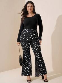 Comfylo Celana Panjang Wanita Ukuran Besar Motif Polkadot dan Renda, Kasual Serbaguna untuk Pemakaian Sehari-hari di Musim Gugur - Hitam dan Putih - View 5